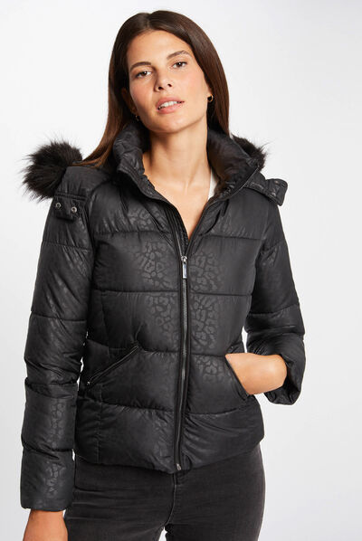 Straight padded jacket leopard print black ladies'