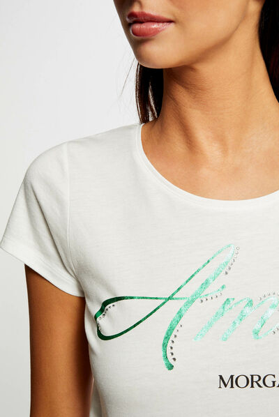 Short-sleeved t-shirt with message ecru ladies'