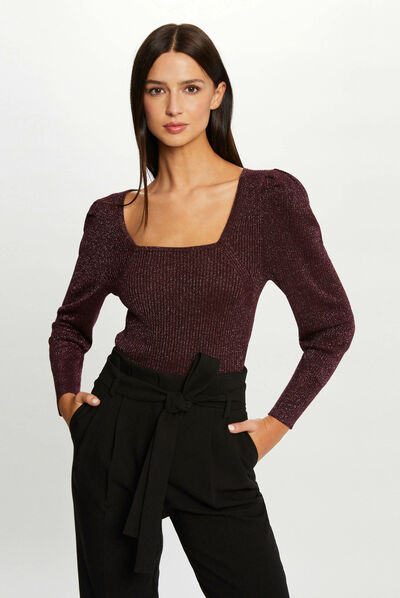 Long-sleeved jumper square neck plum ladies'