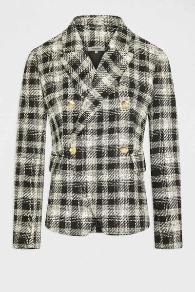 Checked waisted buttoned jacket black ladies'