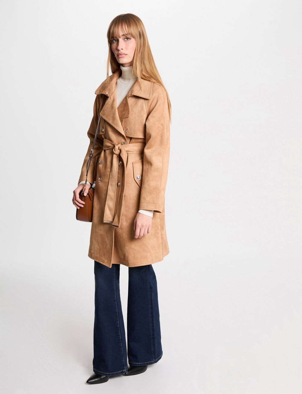 Long suede trenchcoat light brown women