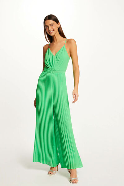 Wide leg pleated jumpsuit with open back green ladies'