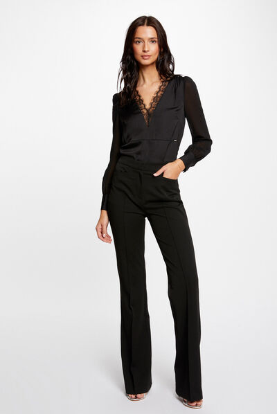 Satin long-sleeved t-shirt with lace black ladies'