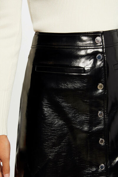 Buttoned straight skirt vinyl effect black ladies'