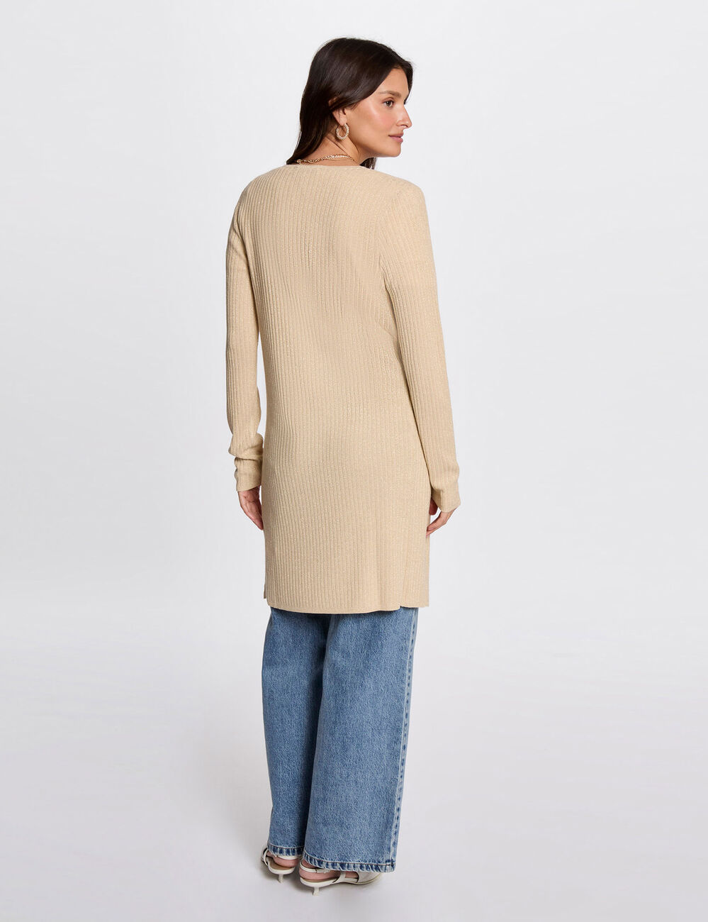 Gilet long col en V jaune or femme