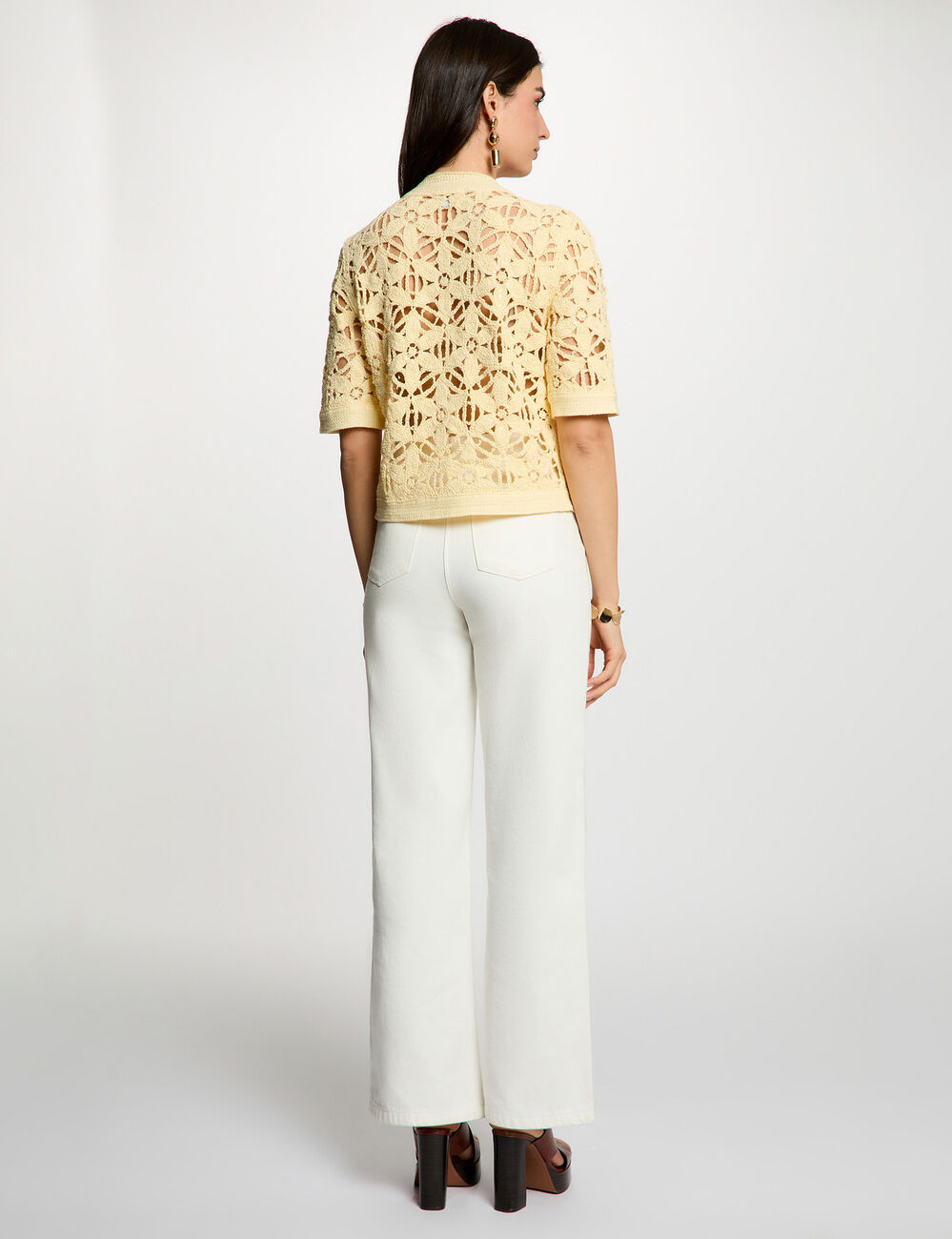 Crochet cardigan with round neck pastel yellow women