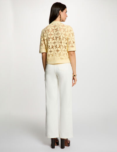 Crochet cardigan with round neck pastel yellow women