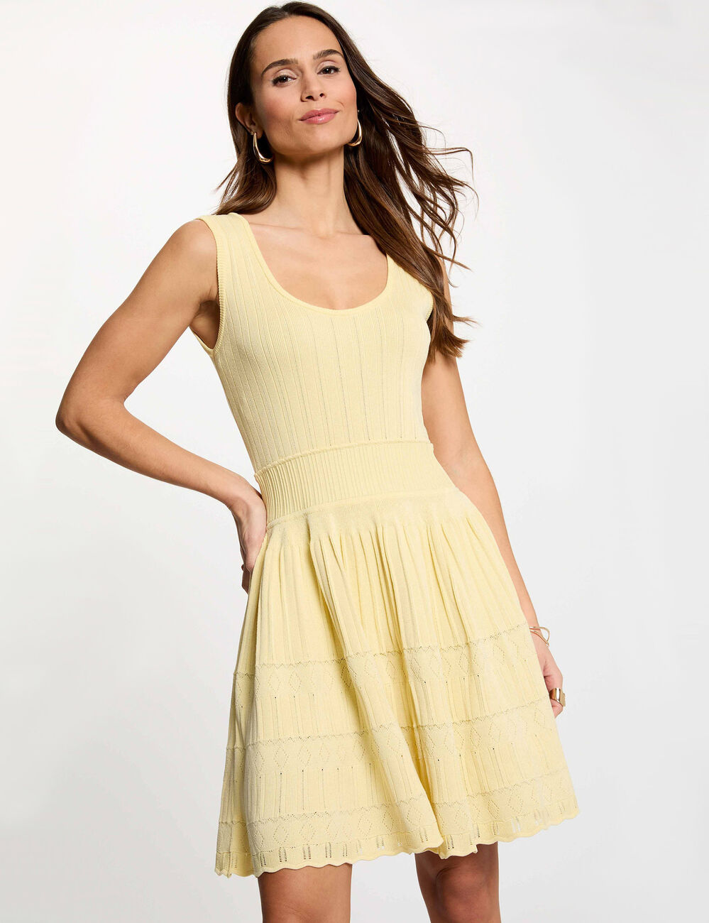 Short knit dress with V-neck pastel yellow women