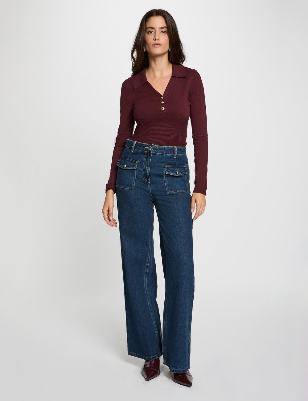 Pull ajusté col polo prune femme