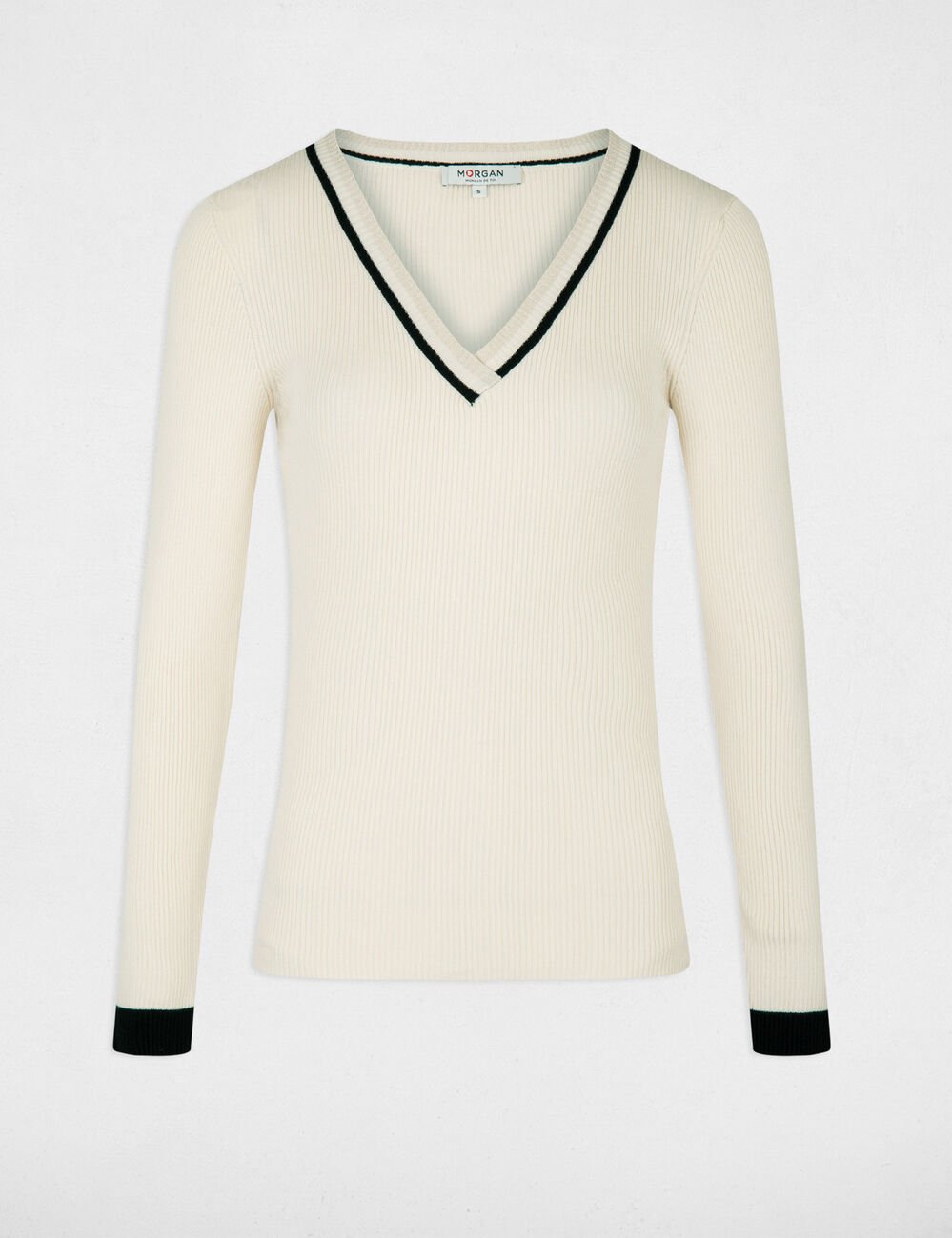Pull manches longues col en V ivoire femme