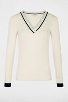 Pull manches longues col en V ivoire femme