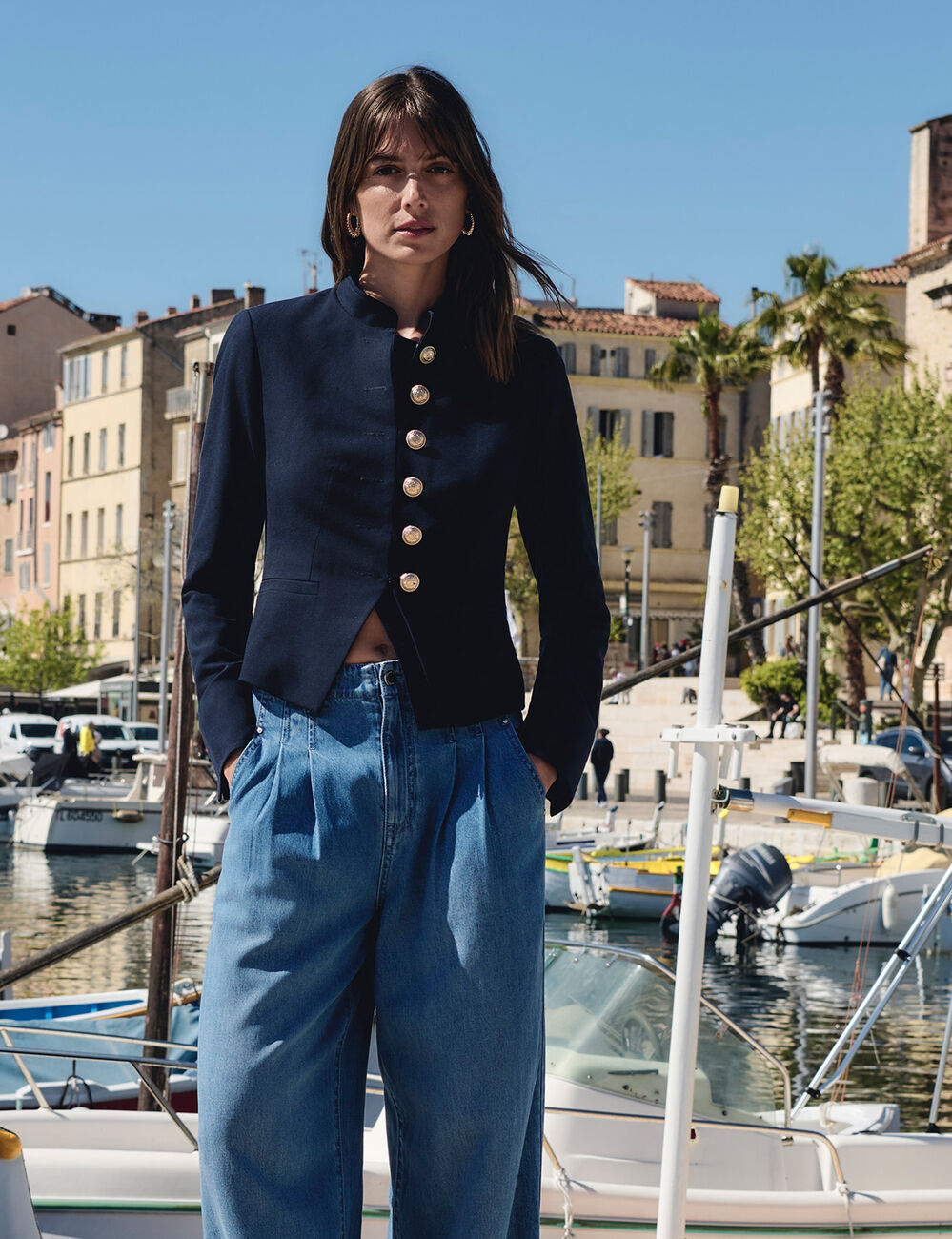 Short jacket with mandarin collar navy blue women