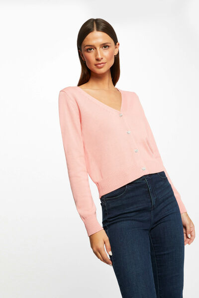 Straight buttoned cardigan with V-neck pale pink ladies'