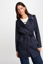 Belted long suede coat navy blue women