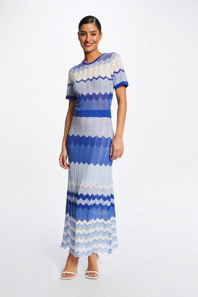 Maxi straight jumper dress chevron print mid blue ladies'