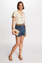 Gilet manches courtes ajouré beige clair femme