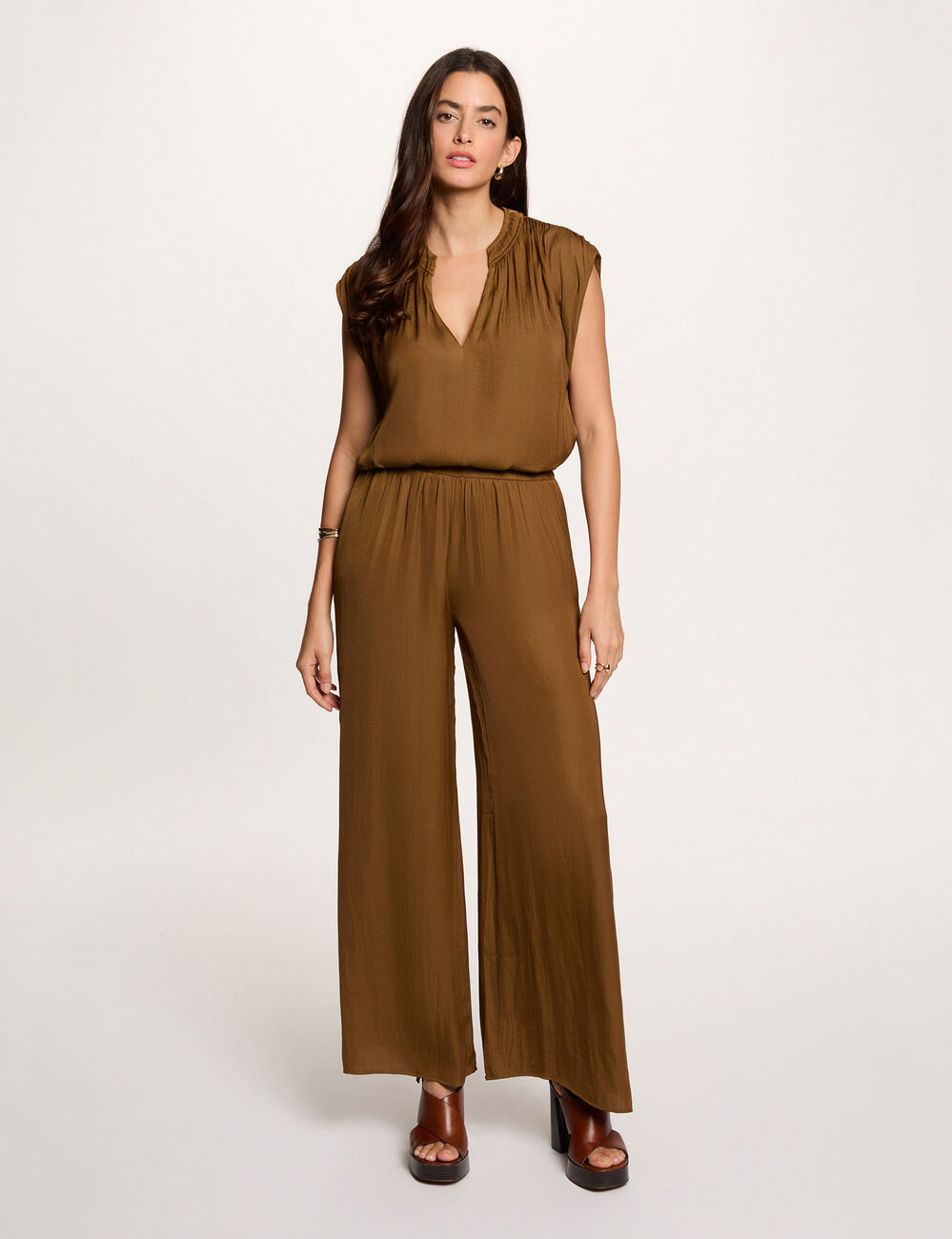 Satin short-sleeved blouse camel women