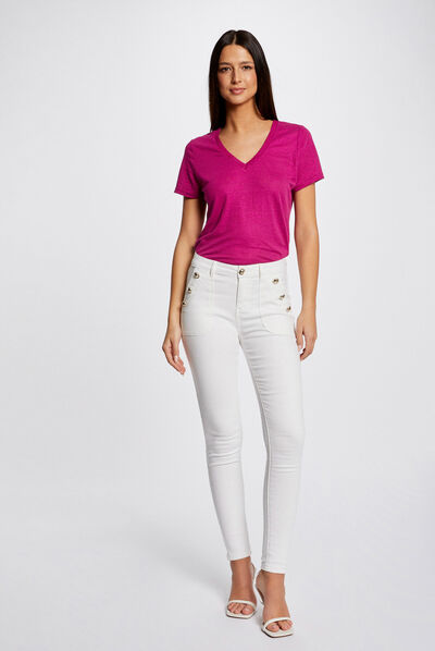 Skinny trousers with buttons ecru ladies'
