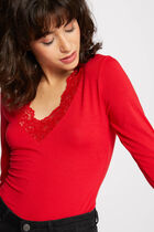 Long-sleeved T-shirt with lace red women