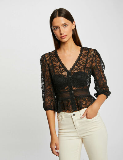 3/4-length sleeved t-shirt with lace black ladies'