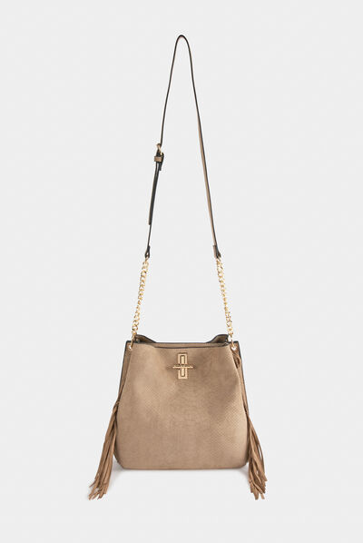 Bucket bag with fringes and snake effect beige ladies'