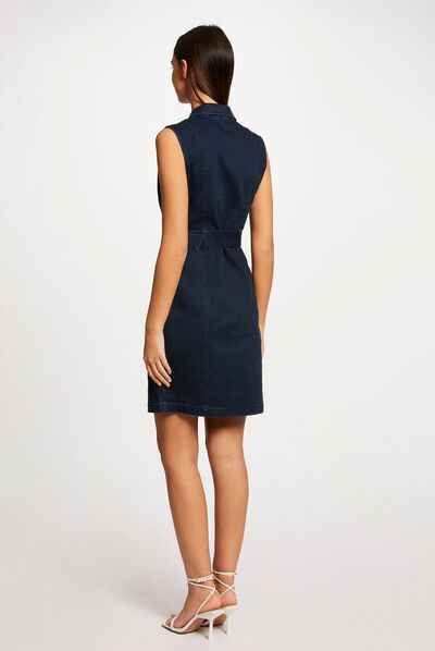 Sleeveless draped fitted denim dress raw denim ladies'