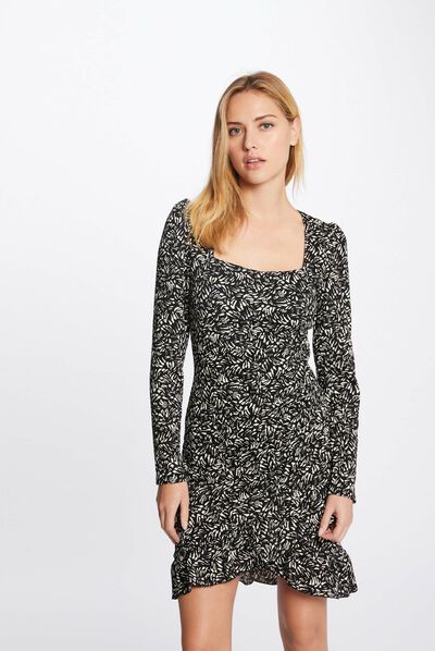 Draped fitted dress abstract print black ladies'