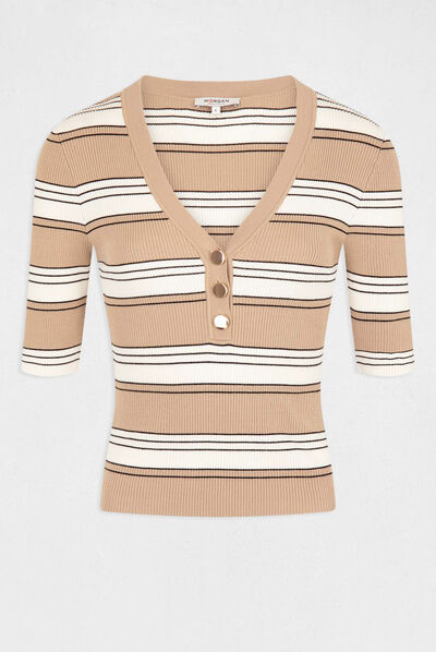 Short-sleeved jumper with stripes ivory ladies'