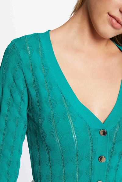 Buttoned 3/4-length sleeved cardigan mid-green ladies'