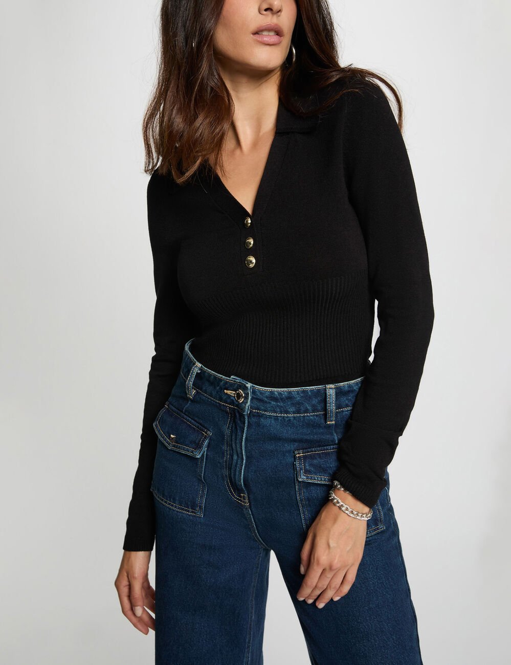 Pull ajusté col polo noir femme