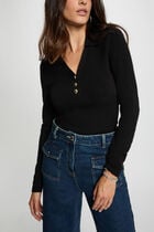 Pull ajusté col polo noir femme
