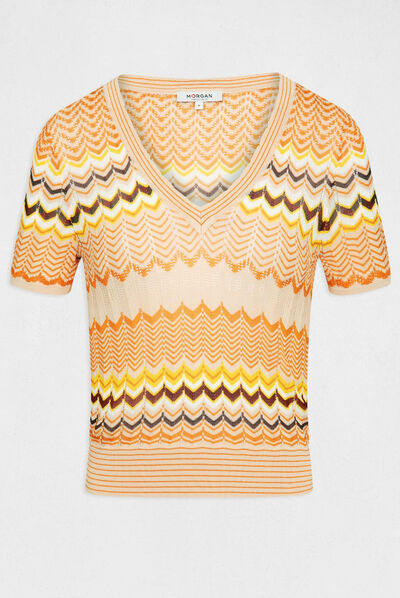 Short-sleeved jumper chevron print orange ladies'