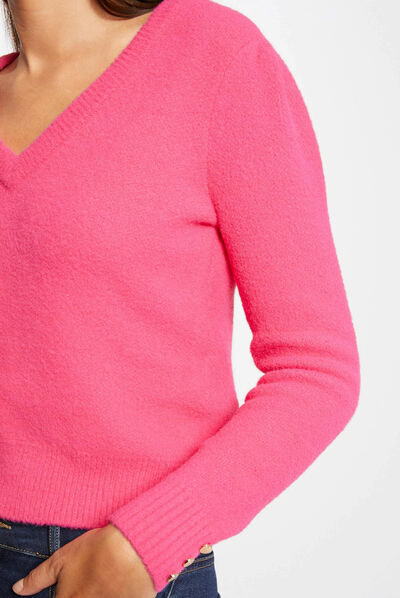 Long-sleeved jumper with V-neck fuchsia ladies'