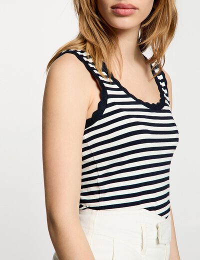Striped round neck tank top navy blue women
