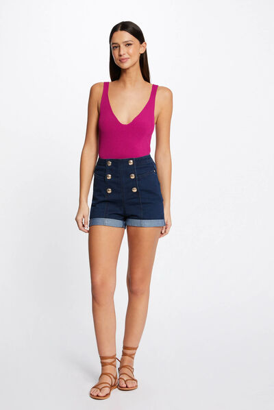 Fitted denim short with buttons raw denim ladies'