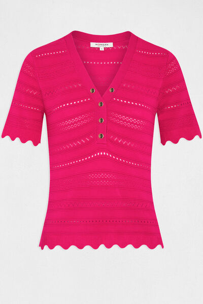 Short-sleeved jumper openwork details dark pink ladies'