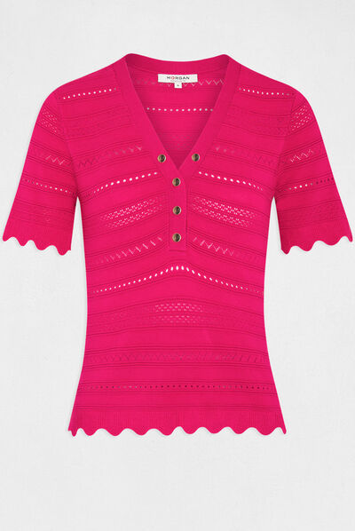Short-sleeved jumper openwork details dark pink ladies'