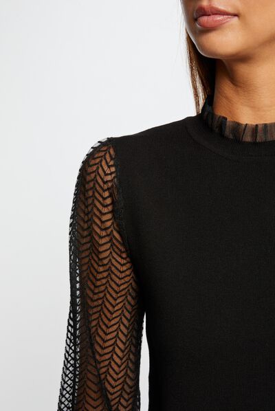 Long-sleeved jumper with lace black ladies'