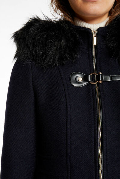 Straight zipped coat with hood navy ladies'