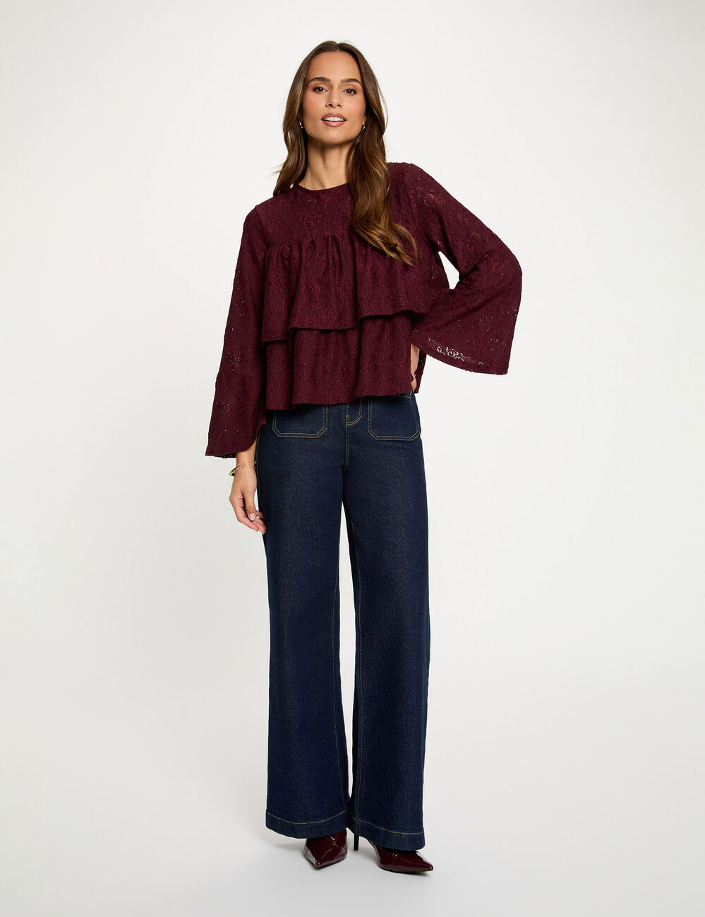Lace t-shirt with ruffles bordeaux women