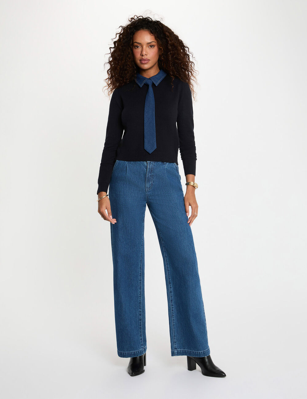 Sweater with a turned-down collar navy blue women