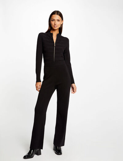 Straight zipped knitted jumpsuit black ladies'