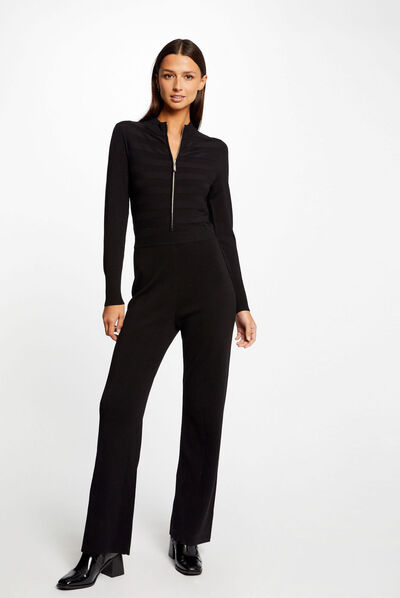 Straight zipped knitted jumpsuit black ladies'