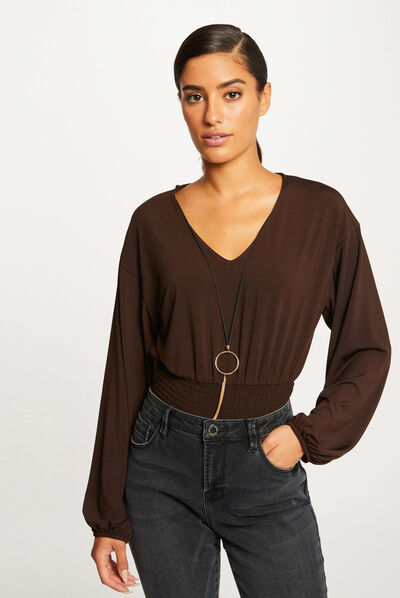 Long-sleeved t-shirt jewelled detail chestnut brown ladies'