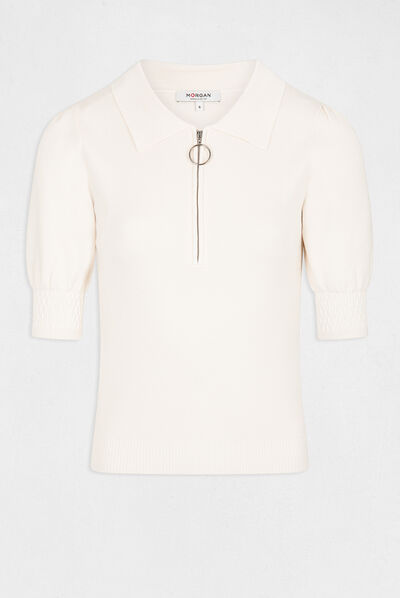 Short-sleeved jumper with polo collar ivory ladies'
