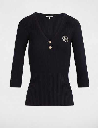 Ribbed jumper with V-neck navy blue women