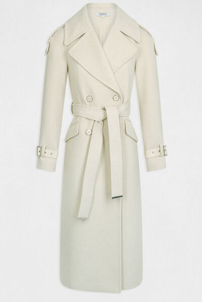 Long waisted coat faux leather details medium ecru ladies'