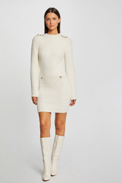 Fitted jumper dress fluffy knit ivory ladies'