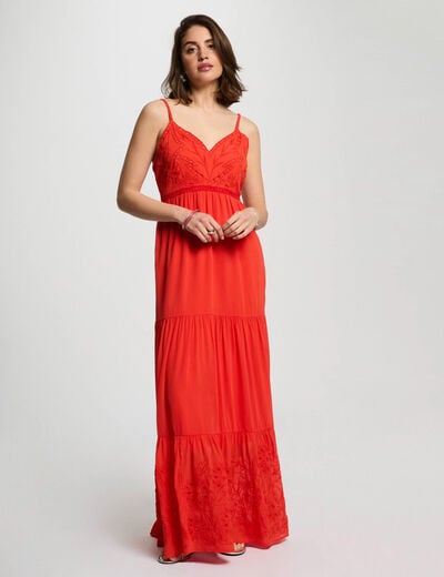 Loose maxi embroidered dress orange women