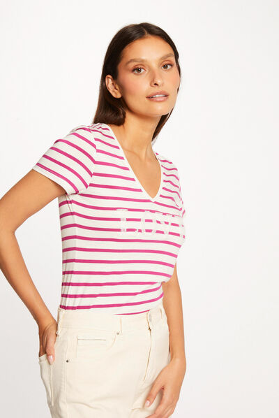 Short-sleeved t-shirt with stripes raspberry ladies'